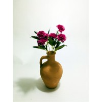 5 Başlı Yeşil Yapraklı Mor Karanfil Dolgun Çiçekli Kulplu Testi Vazo