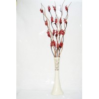 60 cm Desenli Krem Vazo 5 Adet Kırmızı Üzüm Çiçek 5adet Kahve Dal