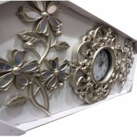Ferforje Üç 3 Parçalı Çiçek Desenli Rustik Gümüş Eskitme İnci Beyazı 40cm Camlı Oymalı Duvar Saati