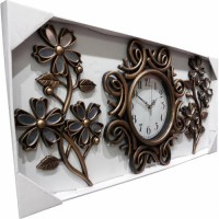 Ferforje Görünüm Üç 3 Parçalı Aynalı Çiçek Bakır Ahşap Eskitme Rustik Tasarım 40cm Camlı Duvar Saati