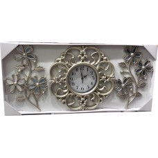 Ferforje 3 Parça Çiçek Desenli Rustik Gümüş Eskitme Yükseklik 35 cm Ön Camlı Sessiz Duvar Saati Saat