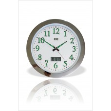 Dev Büyük 48 cm Krom Metal Çerçeve Fosforlu Duvar Saati Gece Karanlıkta Görünen Nemölçerli Termometreli Takvimli Sessiz Kayar Akar Saniyeli