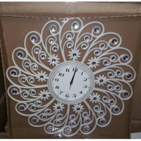 Akrilik Döküm Ayna Taşlı Beyaz Ferforje Desenli Çiçekli Osmanlı Fas Motifi Kıvrımlı 55cm Duvar Saati